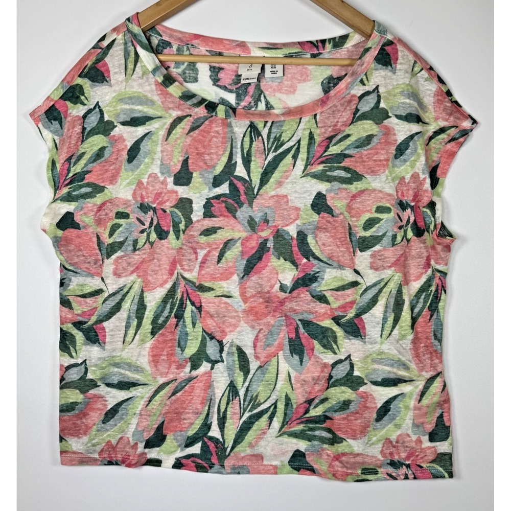 Joie Shirt Womens Medium Pink Green Floral 100% Linen Cap Sleeve Round Neck Tee